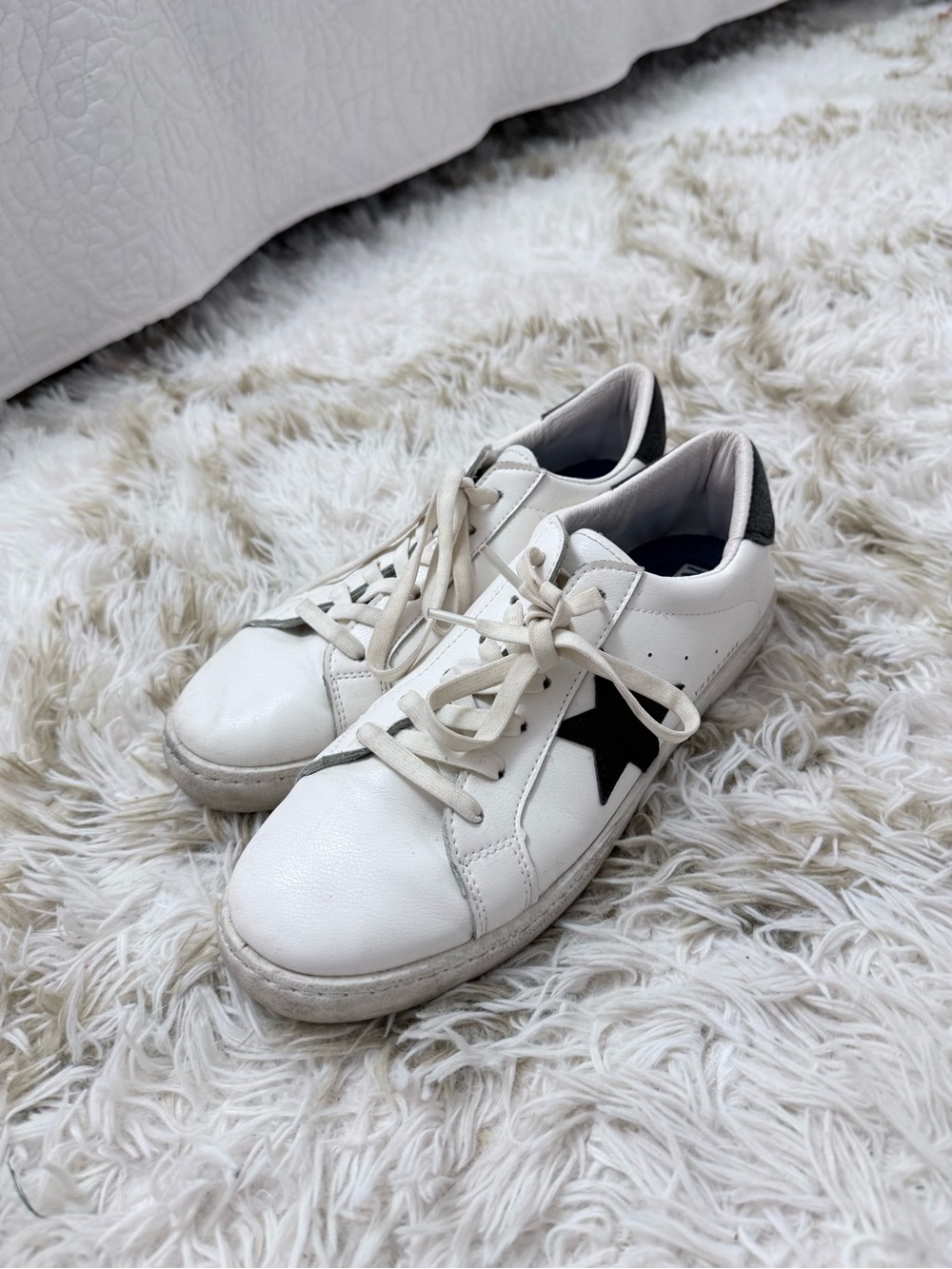 White Leather Lace-Up Sneakers with Black Star Accent